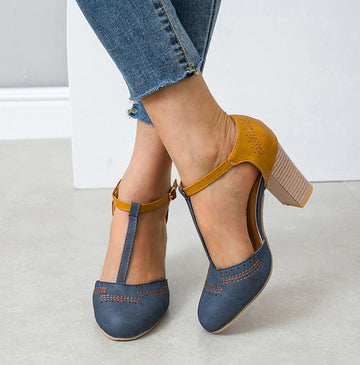 SH427 - Hollow T-Strap High Heel Buckle Shoes